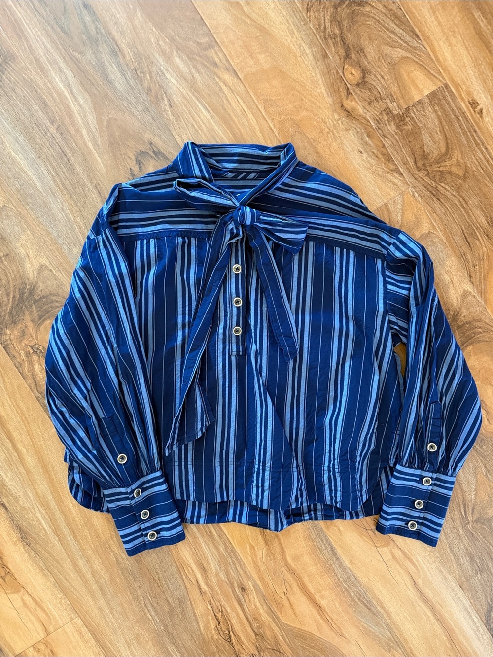 Maeve Navy and Light Blue Striped Tie-Neck Blouse - Size M